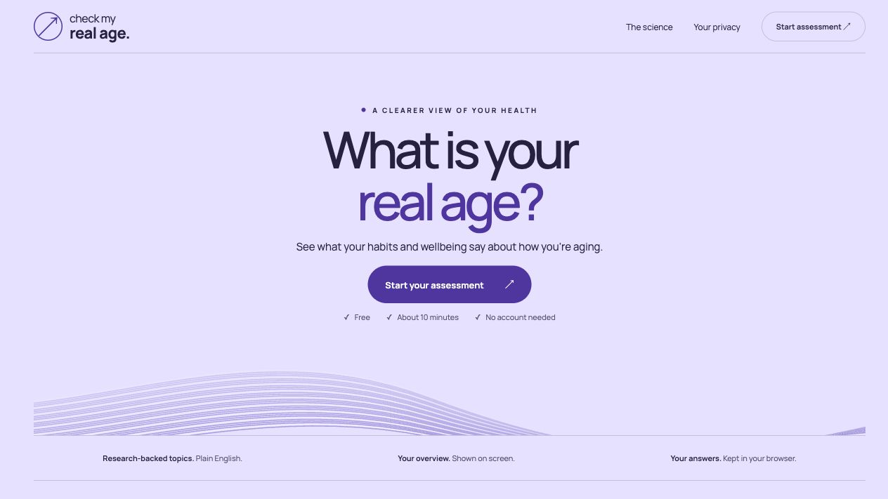 Check My Real Age homepage with a lavender background and the headline What is your real age?