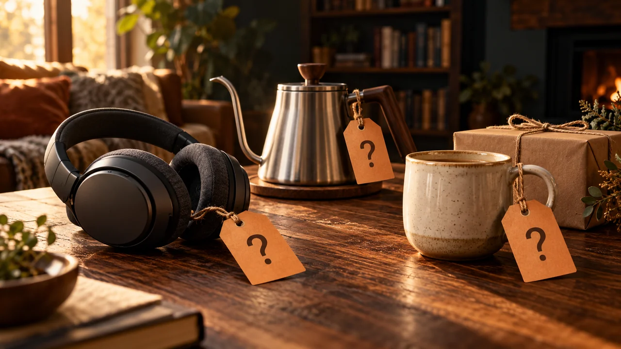 Headphones, a kettle and a ceramic mug with question-mark price tags on a warmly lit wooden table