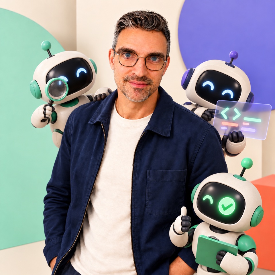 Dennis Binnekade with three illustrated robot assistants