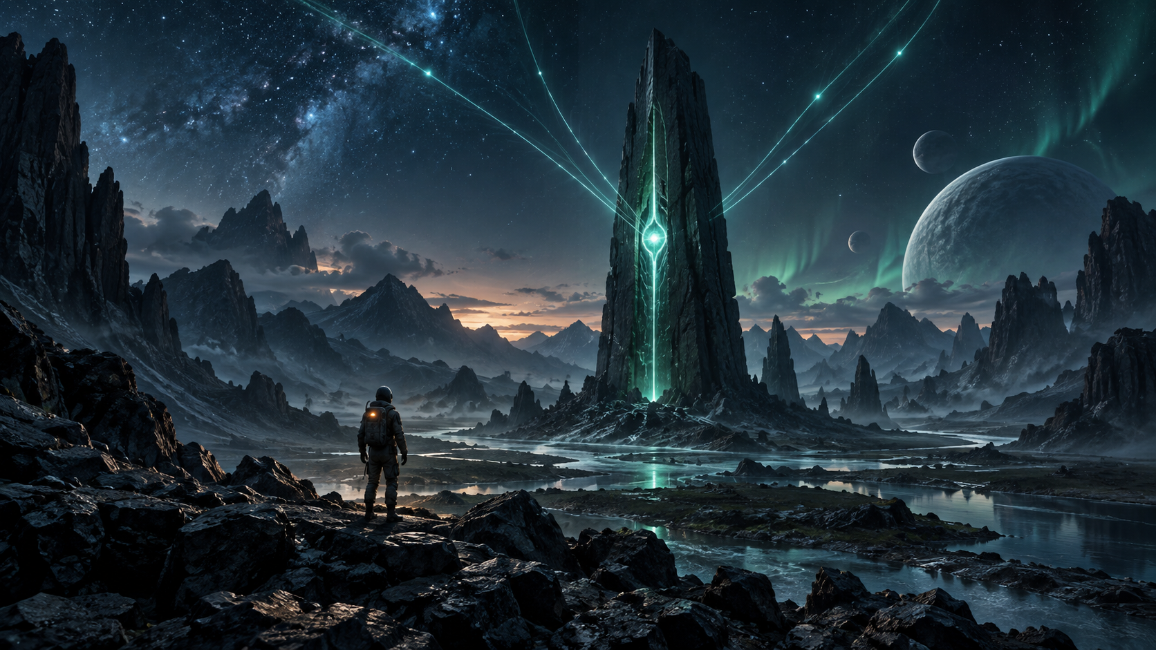 An illuminated signal monolith in a mysterious alien landscape