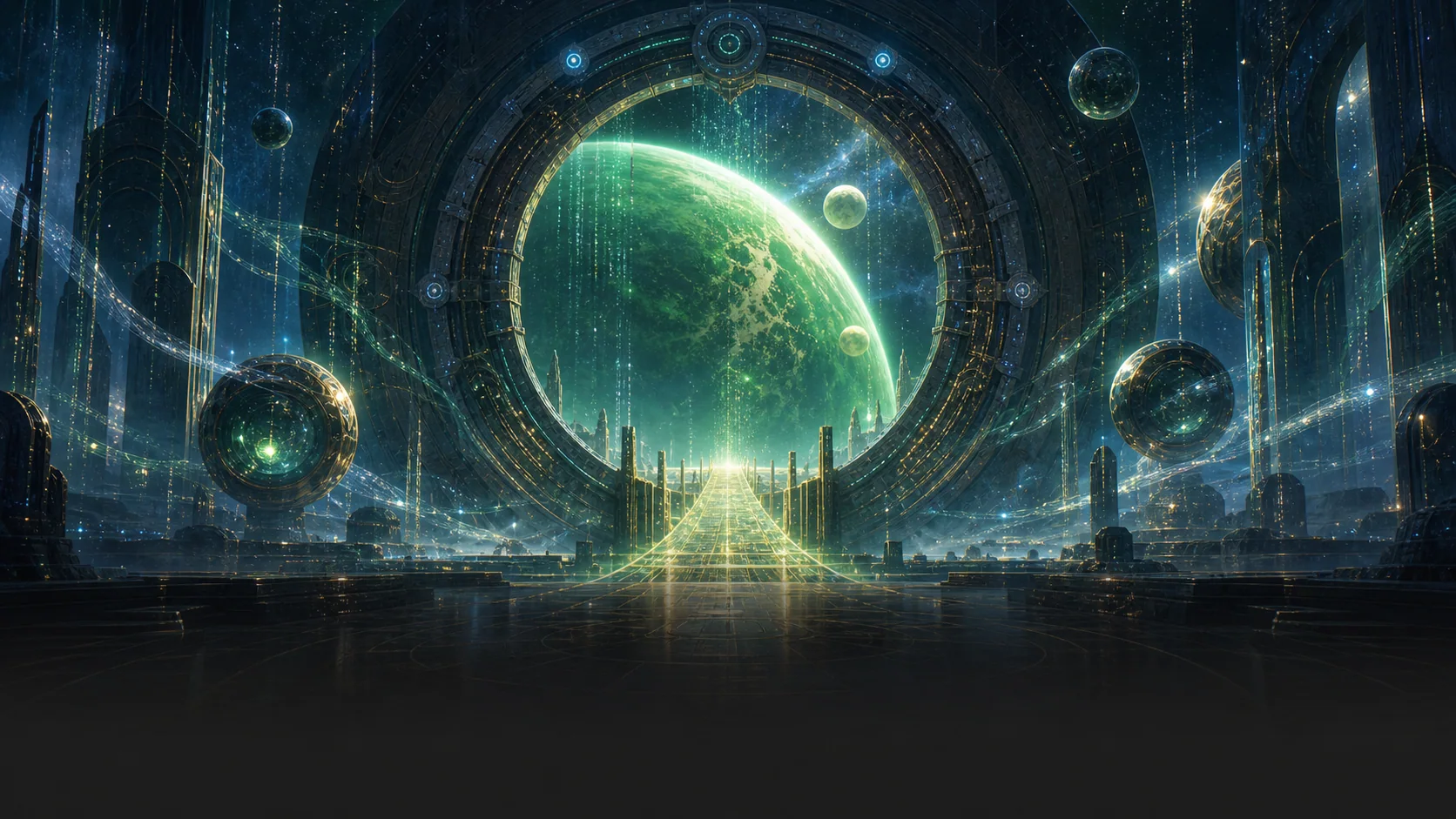 A monumental gateway framing a luminous green world in EVOS 13