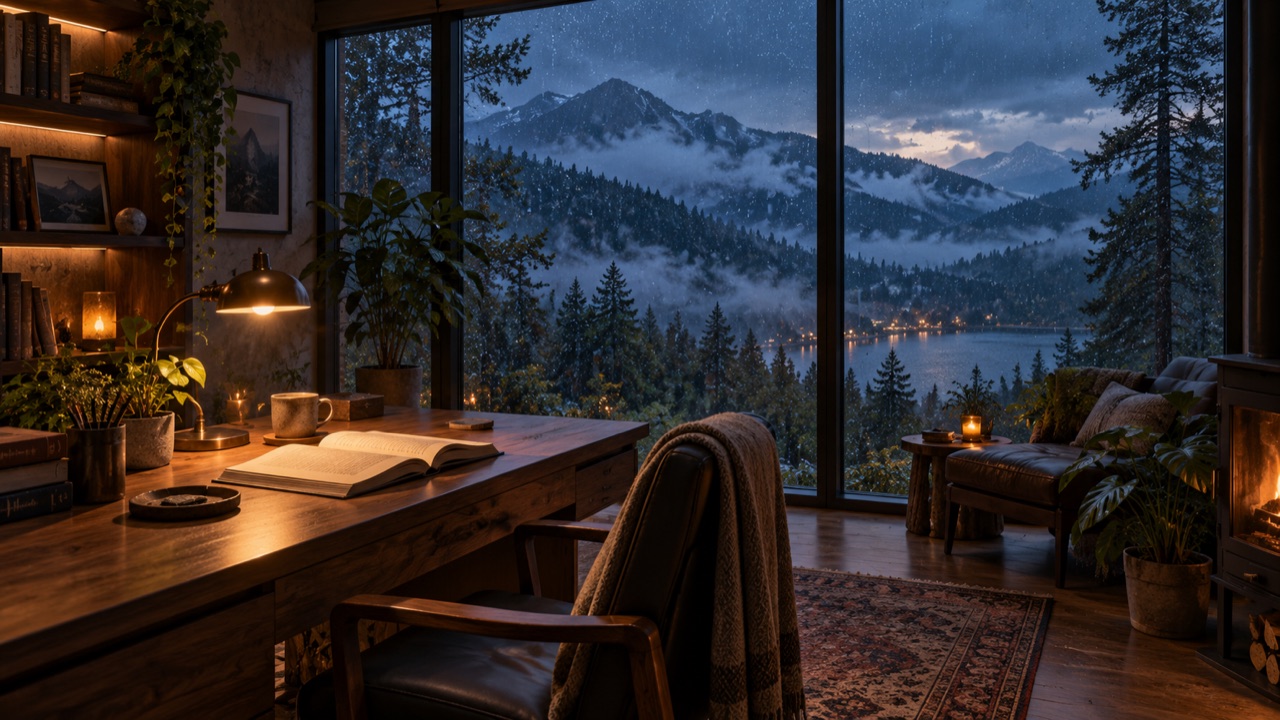 Illustrative Focus Elsewhere ambience: a warm study room looking out onto a rainy forest.