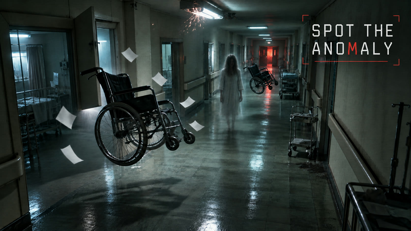 Concept artwork of a haunted hospital corridor with floating wheelchairs and an apparition
