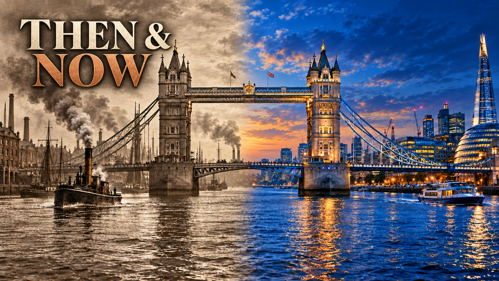 Illustrated Tower Bridge transitioning from historic to modern London.