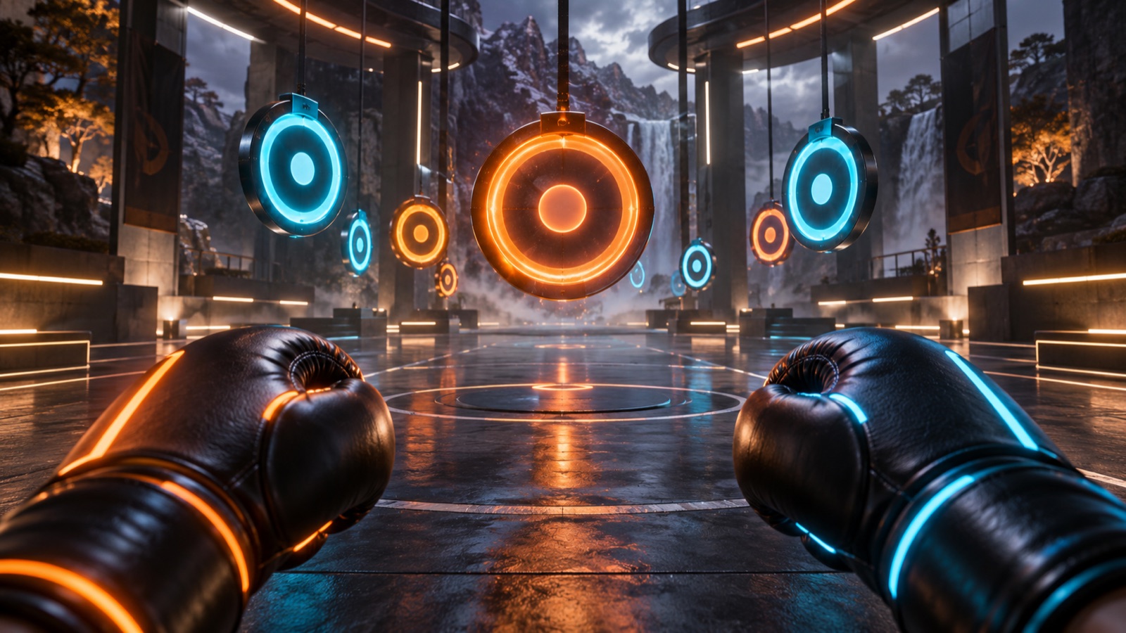 First-person boxing concept in a futuristic sports arena.